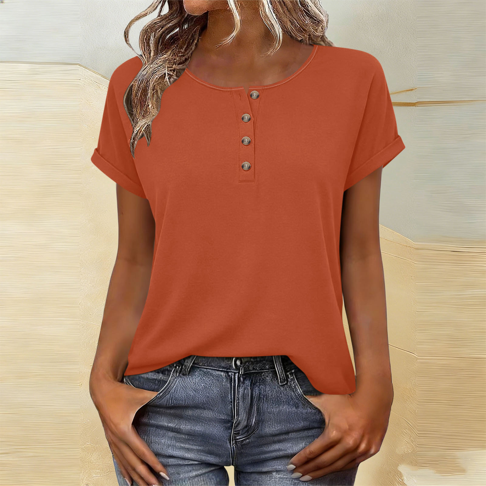 jtjvou Women's Short Sleeve Shirts Casual V Neck Button Summer Tops ...