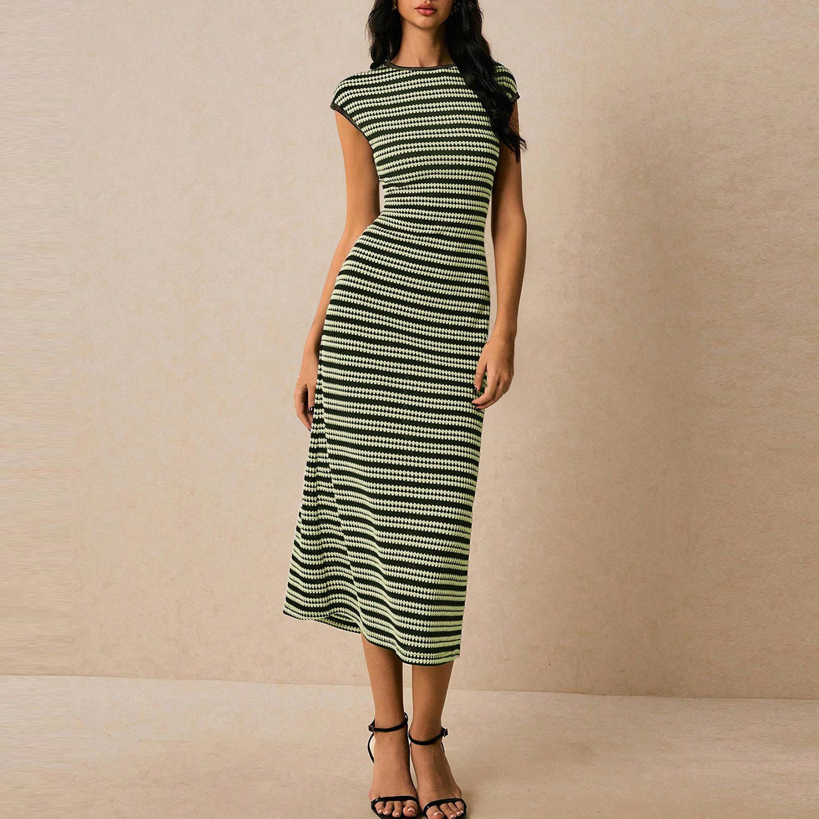 jtjvou Women's 2026 Summer Bodycon Midi Dress Casual Striped Cap Sleeve jtjvou Women's 2026 Summer Bodycon Midi Dress Casual Striped Cap Sleeve